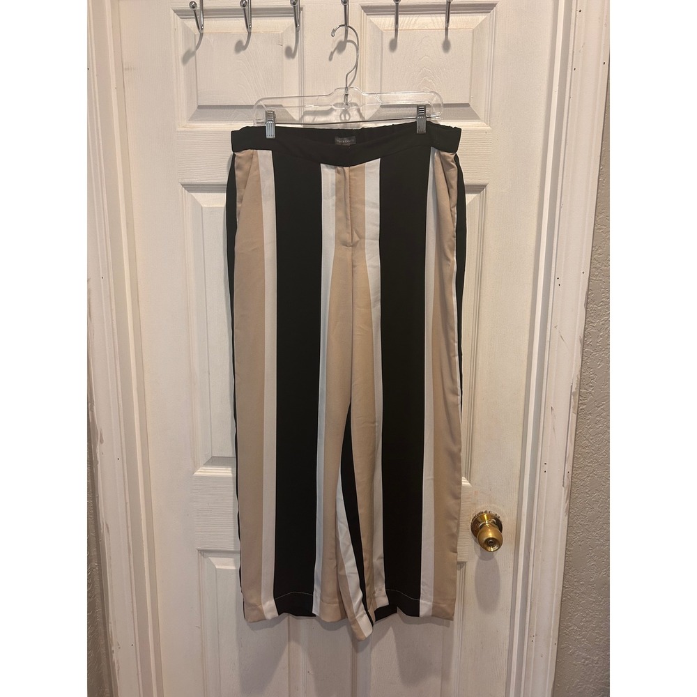 Vince Camuto Womens Striped Wide Leg Pants Black Tan White Sz 14 Mod Lightweight